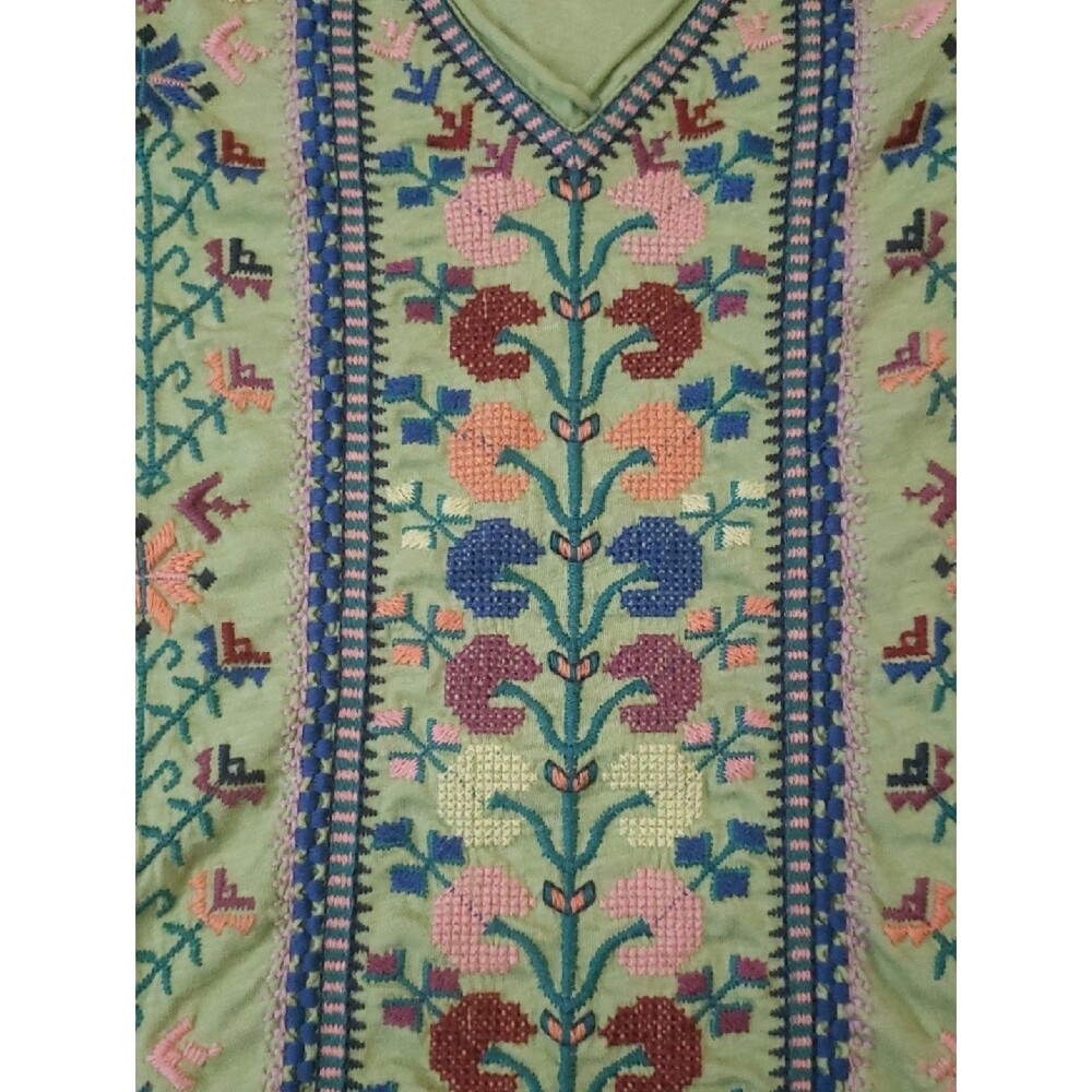 Johnny Was Cold Shoulder Embroidered V-Neck Top Size Small Light Green Boho - Picture 3 of 7